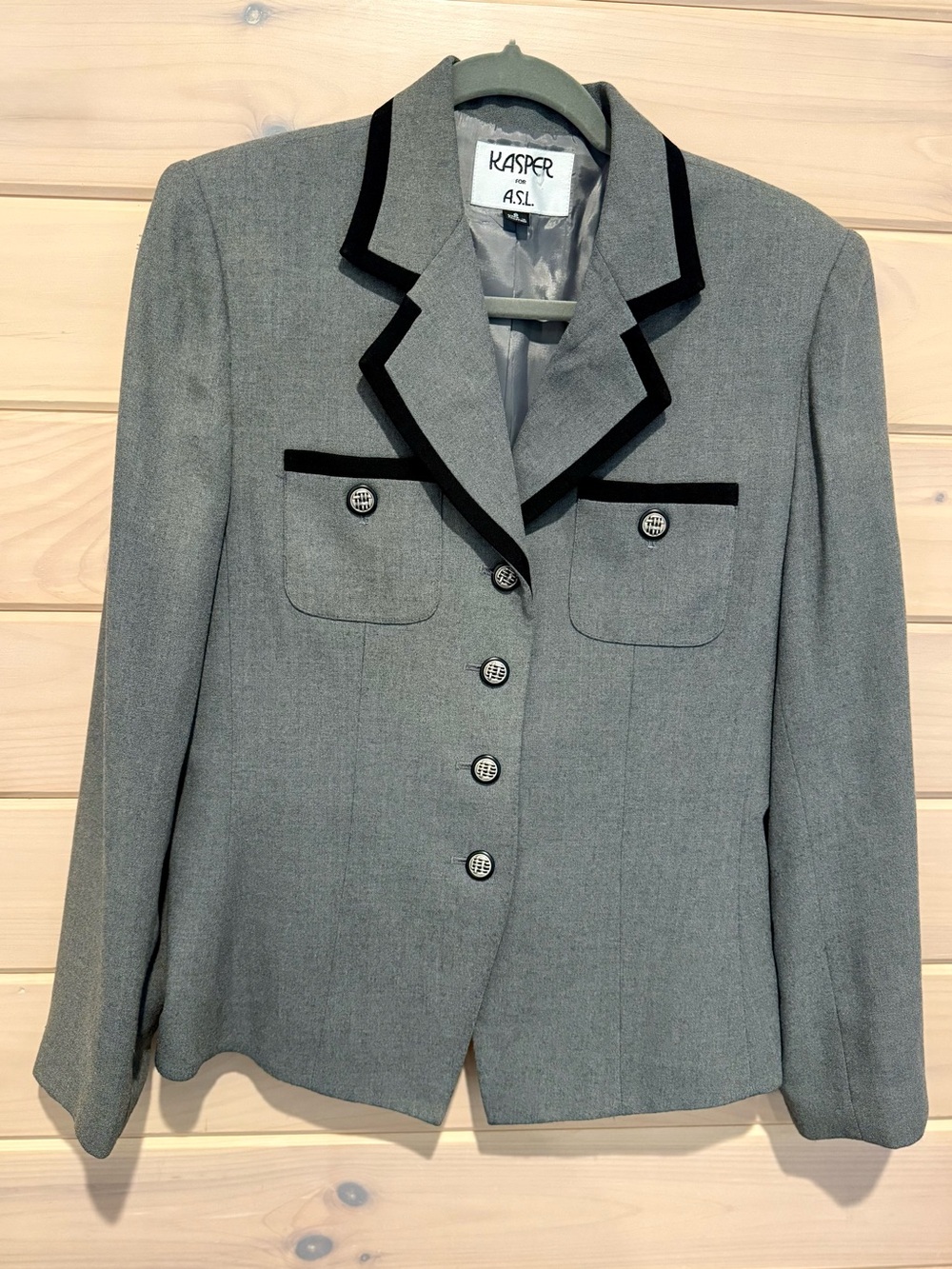 Kasper Gray Blazer with Black Trim and Decorative Buttons